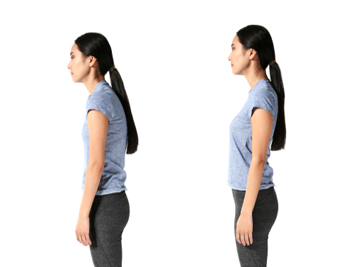 woman is two different standing postures, one as slouching and one as standing upright